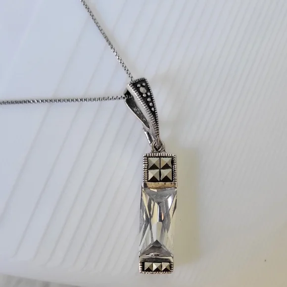 Sterling Silver 925 THAI Emerald Cut Cubic Zirconia Marcasites Necklace 18” - Picture 6 of 11